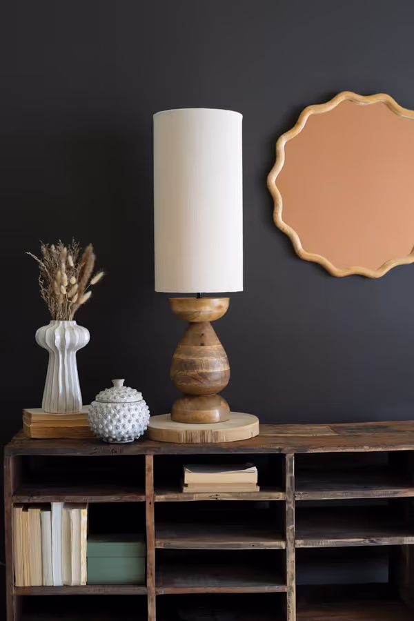 Mango Wood Table Lamp with Fabric Cylinder Shade