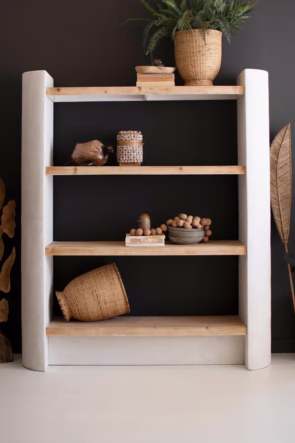 Textured Shelving Unit with Four Wooden Shelves