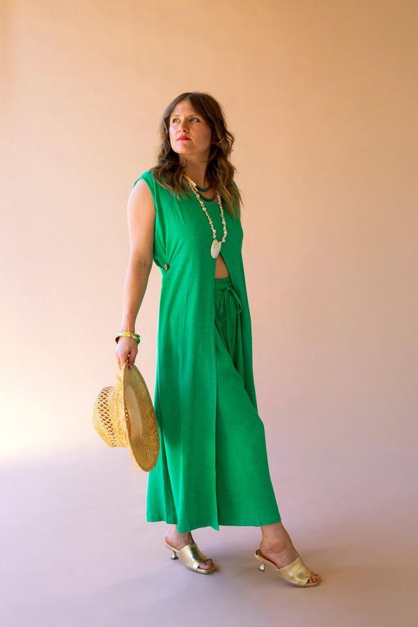 Elastic and Button Closure Waist Pant / Kale