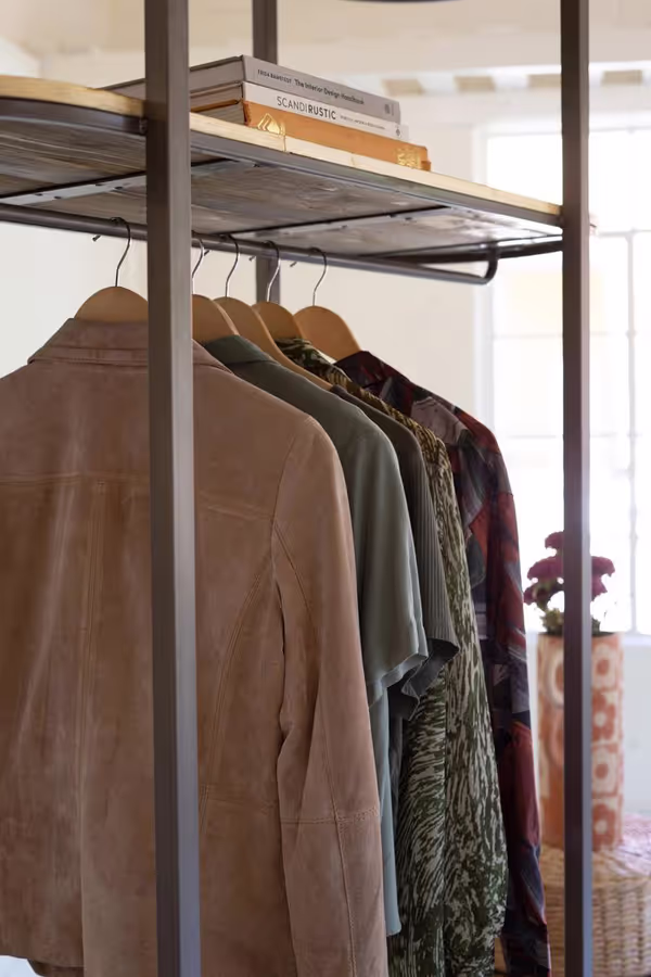 Tall Asymmetrical Iron and Recycled Wood Garment Display