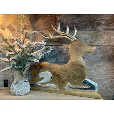 Wooden Laying Deer with Silver Antlers 20x20in