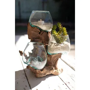 Three Blown Glass Bowls on a Driftwood Base 1