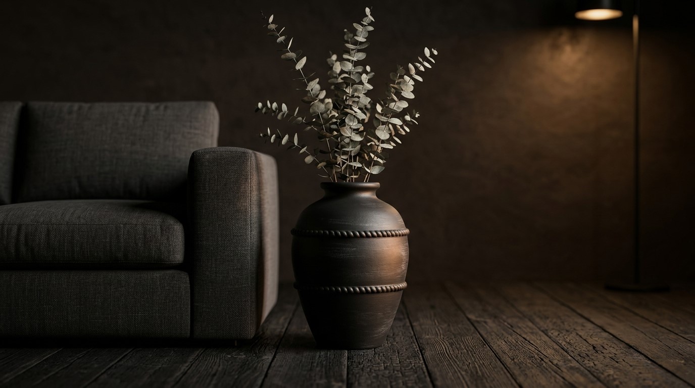 Dark fired terracotta urn with eucalyptus stems beside a charcoal sofa
