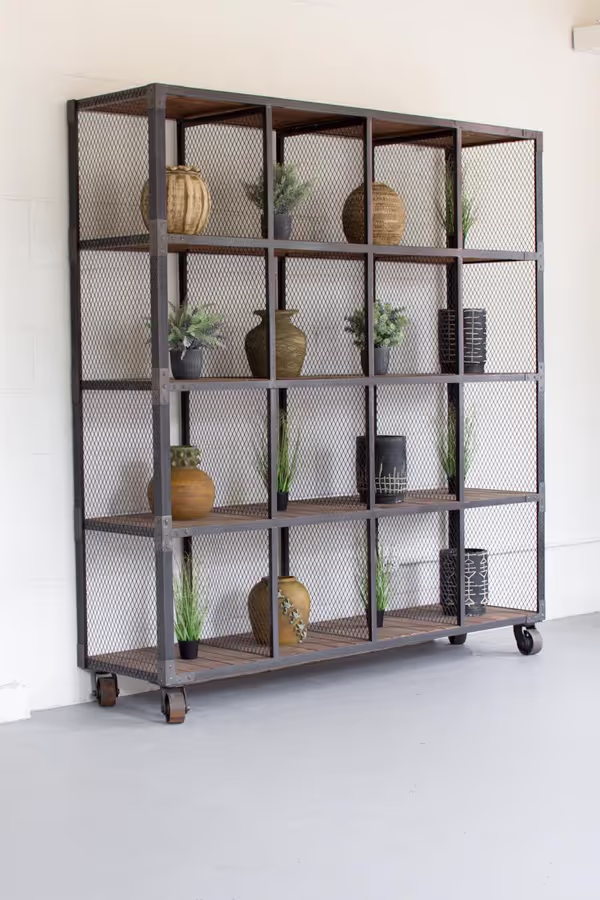 Raw Metal and Recycled Honey Wood 16 Cube Display Unit