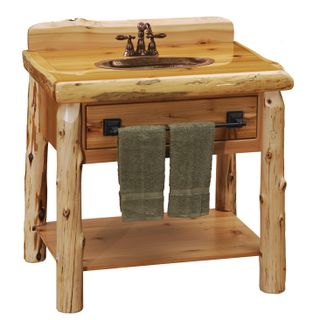 Cedar Log Open Vanity with Shelf - without Top - with Towel Bar - Weathered
