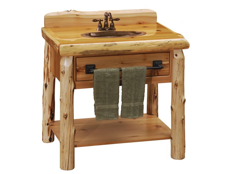 Cedar Log Open Vanity with Shelf - Slab Style Top - Vintage - Liquid Glass - with Towel Bar 1