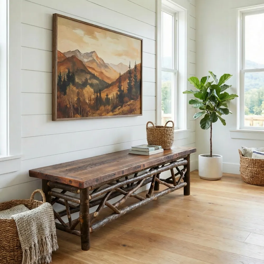 Appalachian 4-foot Twig Bench with Barnwood Artisan Seat - Wood Seat