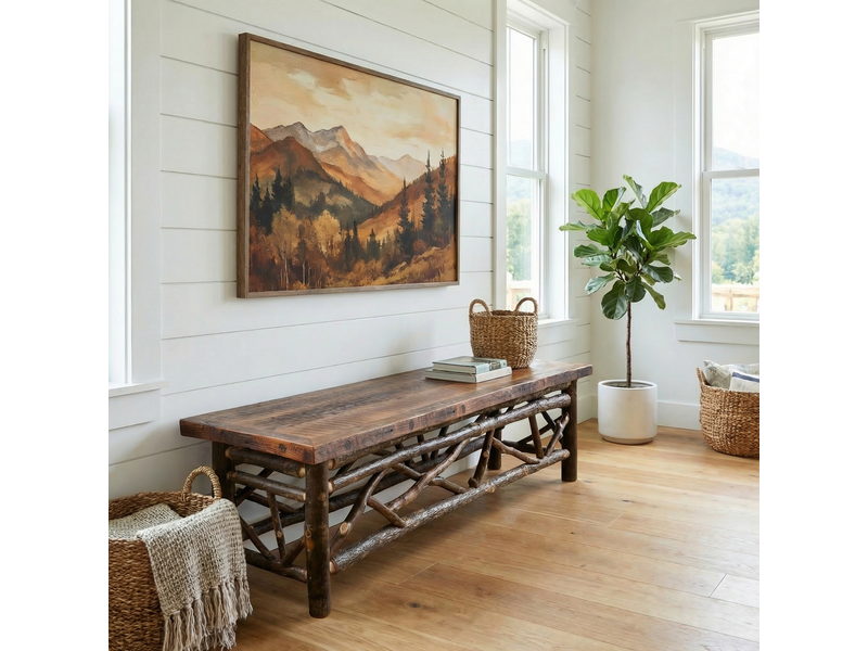 Appalachian 4-foot Twig Bench with Barnwood Artisan Seat - Wood Seat 1