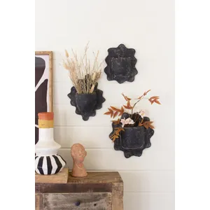 Set of 3 Black Wavy Clay Wall Planters 1