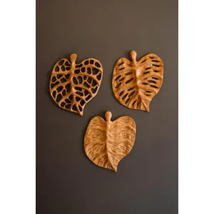 Set of 3 Carved Teakwood Leaves Wall Art 4