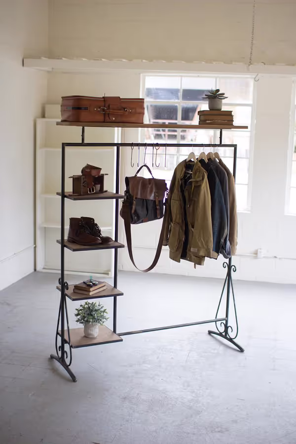 Wood and Metal Garment Display Unit with Shelves