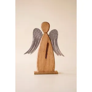 Mango Wood Carved Angel with Aluminum Wings 2