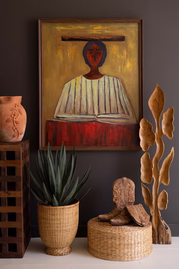 Framed Stylized Woman in Hat Painting