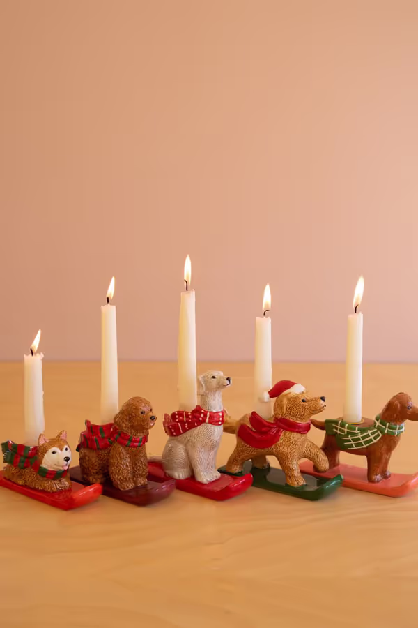 Set of 5 Ceramic Christmas Dog Taper Candle Holders