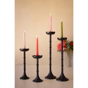 Set of 4 Black Cast Aluminum Taper Candle Holders with Flowers 1