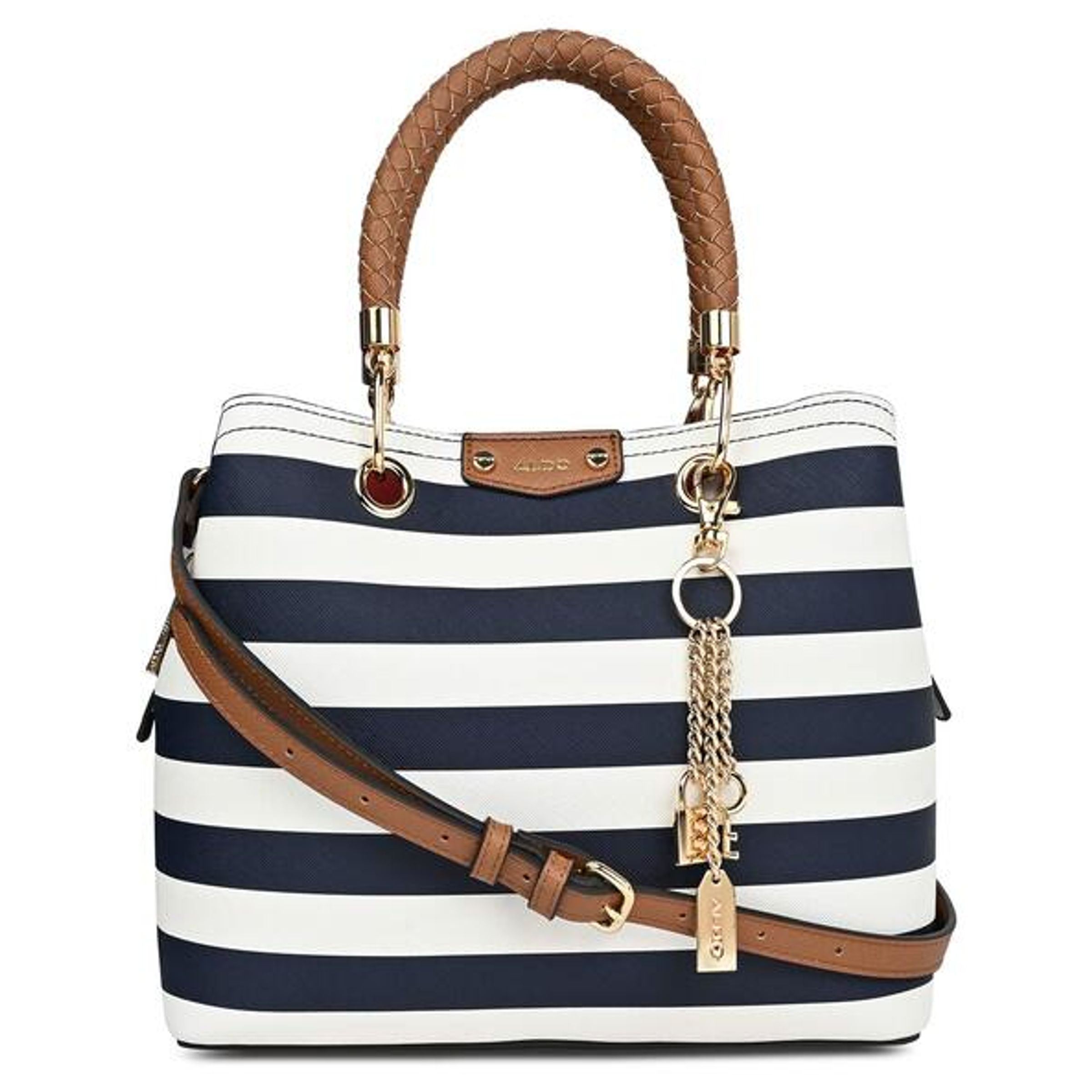 STRIPED HIP BAG W ROPE STRAP & METALLIC GOLD - NAVY