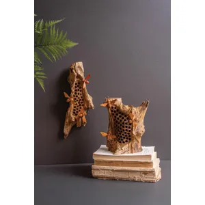 Repurposed Tabletop Wood Sculpture with Hand-Carved Bees 4