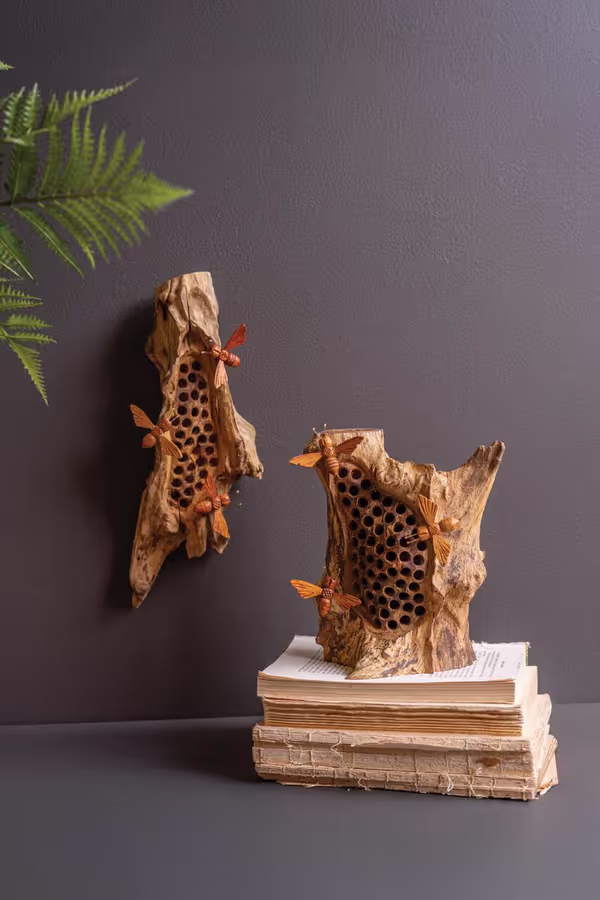 Repurposed Tabletop Wood Sculpture with Hand-Carved Bees