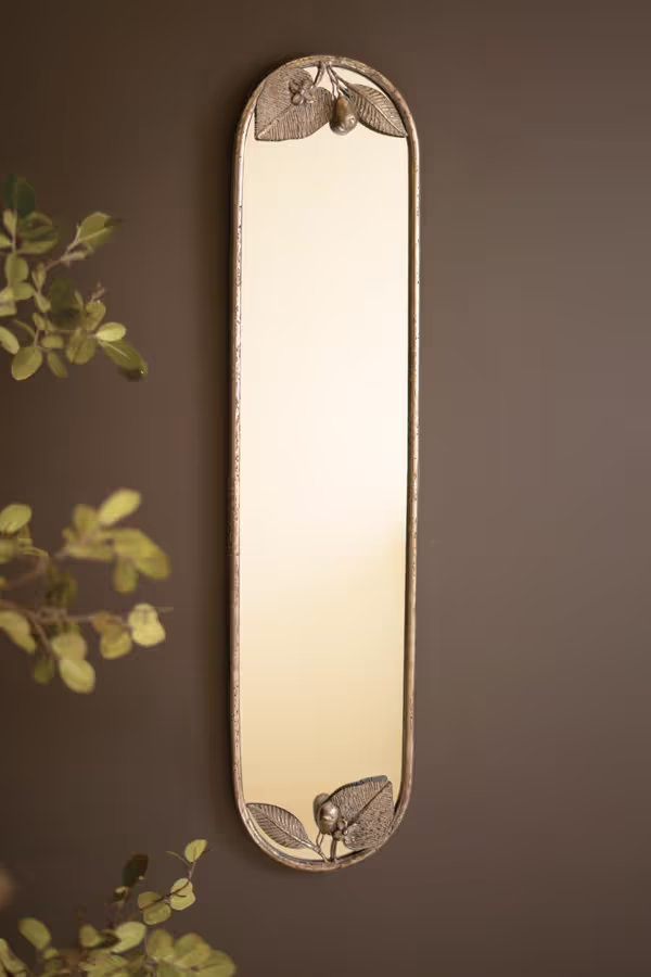 Tall Rustic Metal Framed Mirror with Leaf and Fruit Detail