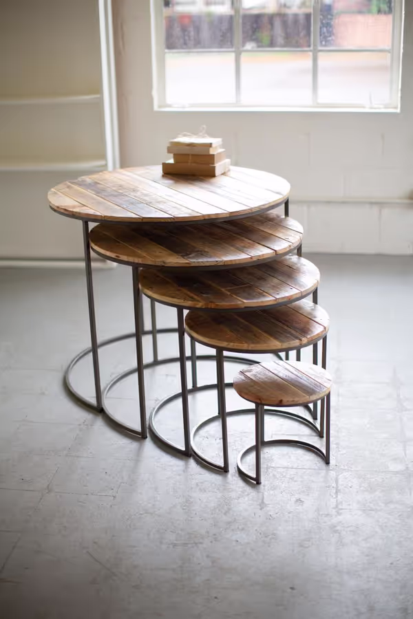 Set of 5 Recycled Wood and Iron Round Display Tables