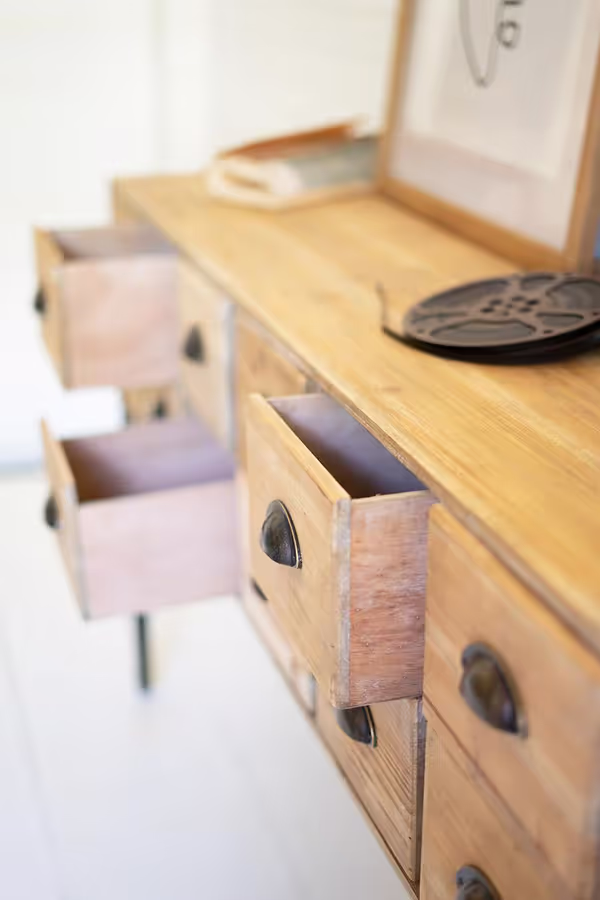 Wooden Console with 12 Drawers and Iron Legs