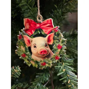 Pig in wreath Ornament 4x4in 1