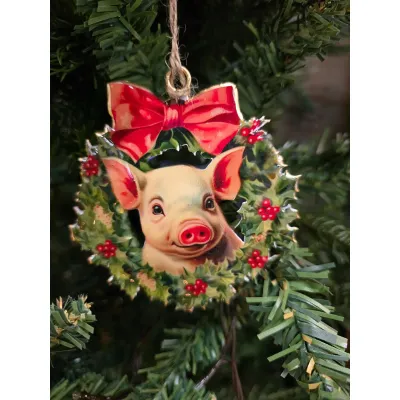 Pig in wreath Ornament 4x4in