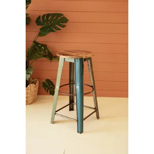 Recycled Metal Bar Stool with Wooden Top 4