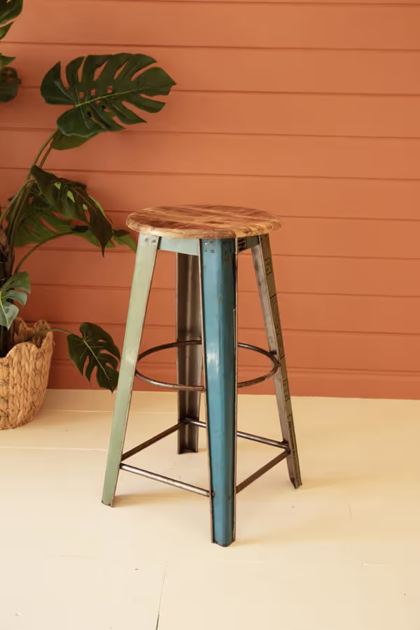 Recycled Metal Bar Stool with Wooden Top