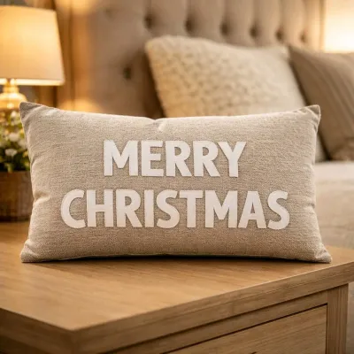 Beige Merry Christmas Pillow 12x19.5x1in
