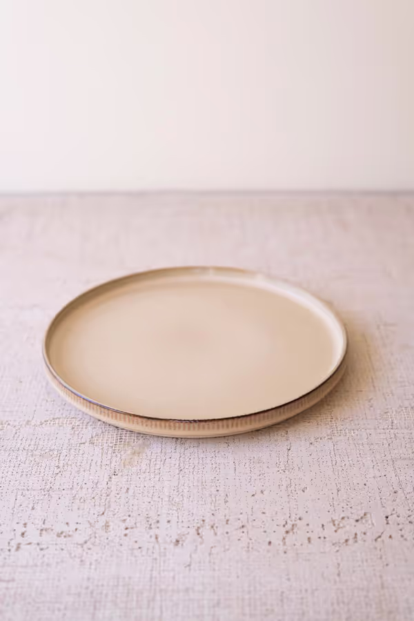 Set of 3 Khaki Ceramic Dinner Plate, Salad Plate and Bowl with Ridges