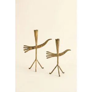 Set of 2 Forged-Iron Antique Gold Bird Taper Candle Holders 3