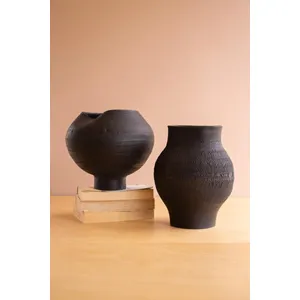 Set of 2 Black Clay Vases with Crackle Detail 6