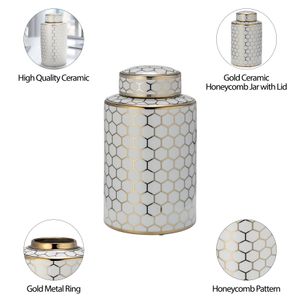 CER, 12" HONEYCOMB JAR W/ LID, GOLD 10