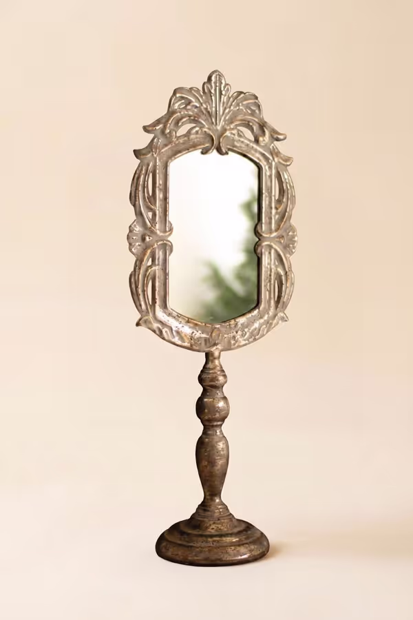 Ornate Rustic Metal Tabletop Mirror with Pedestal Base