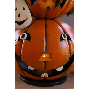 Painted Metal Stack of 4 Jack-O-Lanterns with Witch Hat Luminary 3