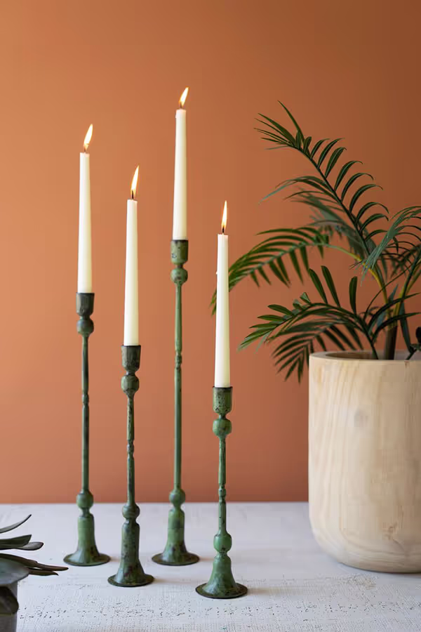 Set of 4 Forged-Iron Green Patina Taper Candle Holders