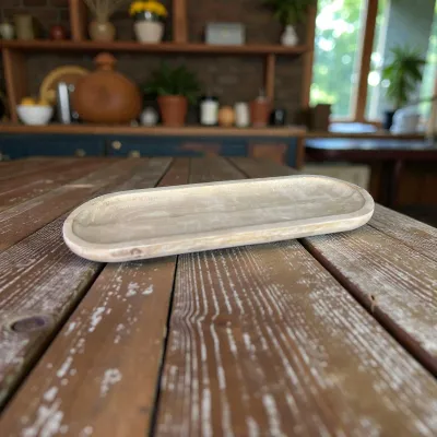 White Washed Wooden Oval Tray 24x8x1in