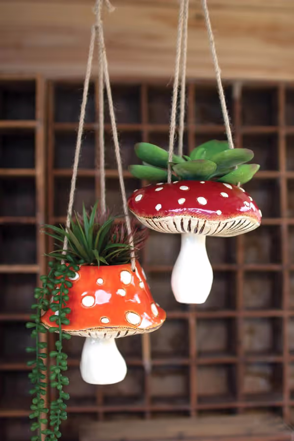 Set of 2 Ceramic Toadstool Hanging Planters