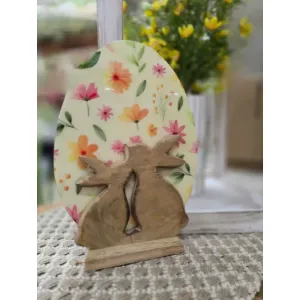 Wooden Egg with Enamel print and a Bunny on Base 10x8in 2