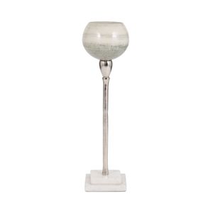 GLASS, 17" VOTIVE HOLDER W MARBLE STAND, SAGE/SILV 4