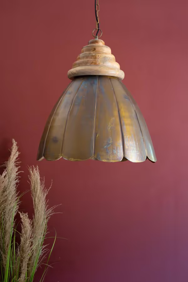Dome Antique Brass Pendant Light with Wood Detail