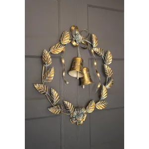 Antique Brass Christmas Wreath with Leaves and Bells 1