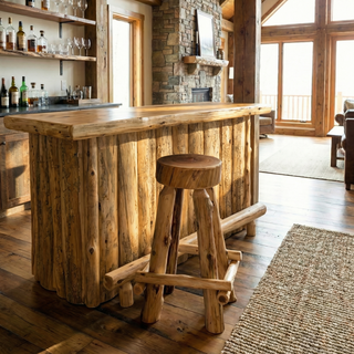 Cedar Log Slab Barstool with Outside Footrests - Coffee