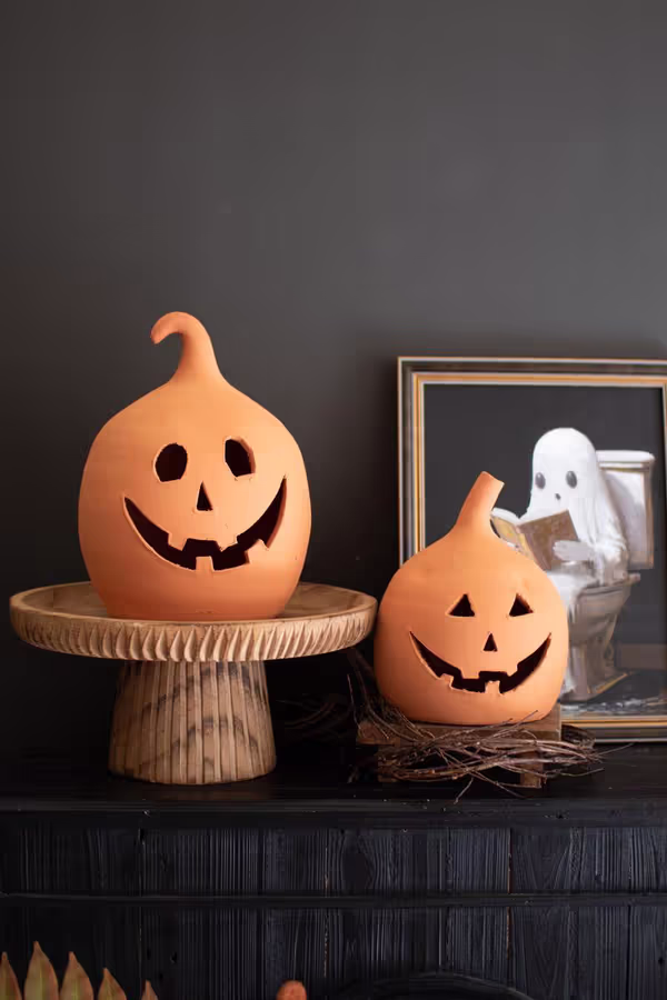 Set of 2 Terracotta Jack-O-Lanterns