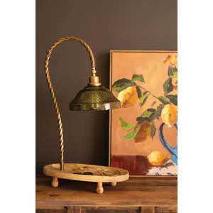 Gooseneck Table Lamp with Wooden Tray Base and Green Glass Shade 1
