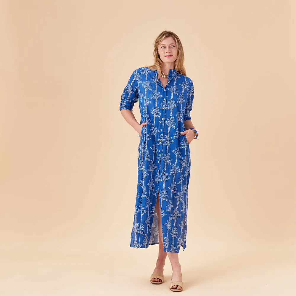 Palms Blue Cotton Long Shirt Dress