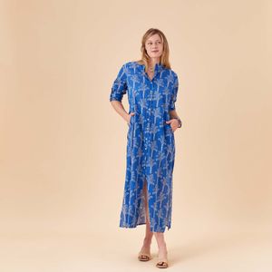 Palms Blue Cotton Long Shirt Dress 3