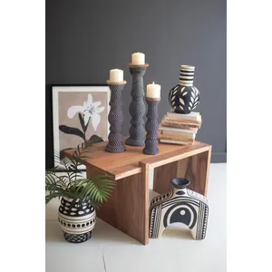 Set 3 Wooden Candle Holders Wrapped with Black & White String 4
