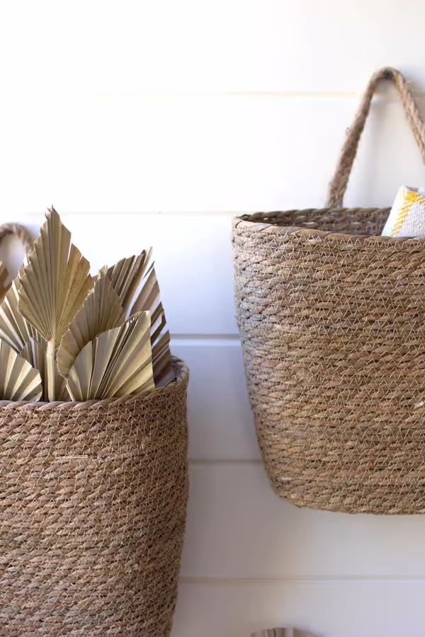 Set of 2 Tall Oval Woven Seagrass Wall Baskets